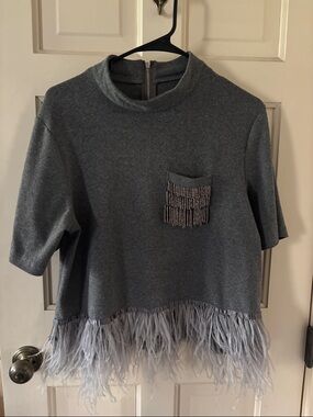 Charcoal Feather-Hem Short Sleeve Top with Beaded Pocket